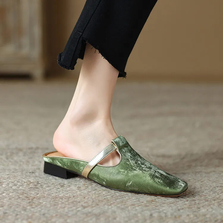 Handmade cowhide retro-style closed-toe half slippers for women, summer wear, square toe sandals, mules, sizes 3-25 - Green 34