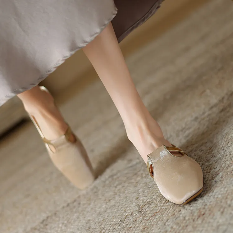 Handmade cowhide retro-style closed-toe half slippers for women, summer wear, square toe sandals, mules, sizes 3-25 - Apricot 34