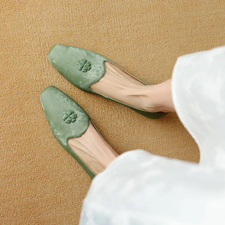 New Chinese style silk cowhide flower loafers, spring fashion square toe shallow mouth single shoes 3-29a - Light green 34