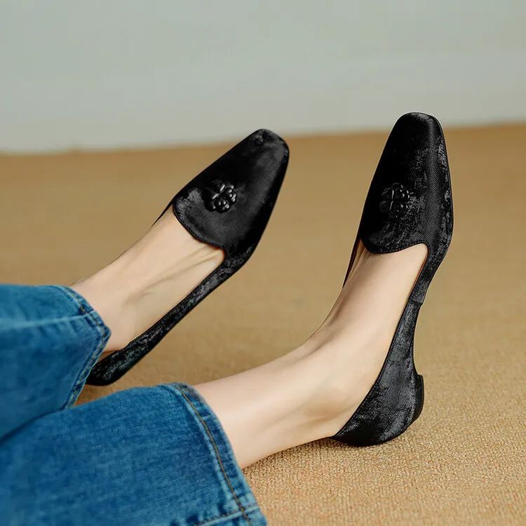 New Chinese style silk cowhide flower loafers, spring fashion square toe shallow mouth single shoes 3-29a - Black 34