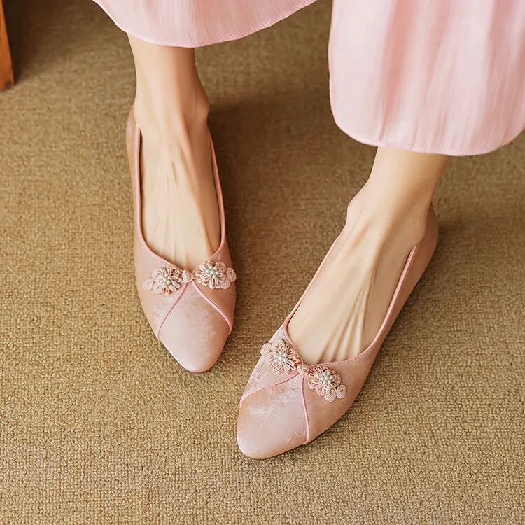 Women's Chinese style silk sheepskin cheongsam shoes, round toe, chunky heel, slip-on, low-cut, single shoes, 3-29e - Pink 34