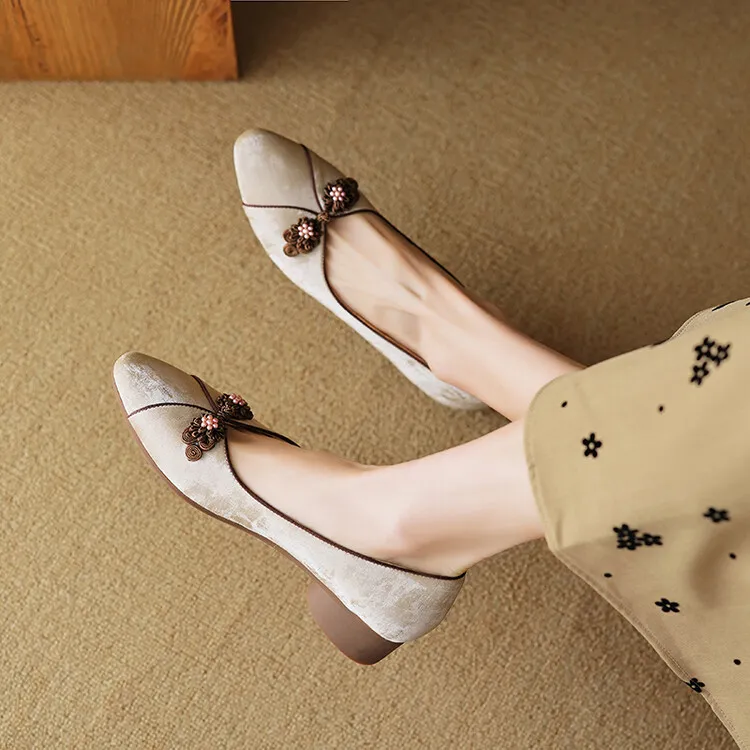 Women's Chinese style silk sheepskin cheongsam shoes, round toe, chunky heel, slip-on, low-cut, single shoes, 3-29e - Apricot 34