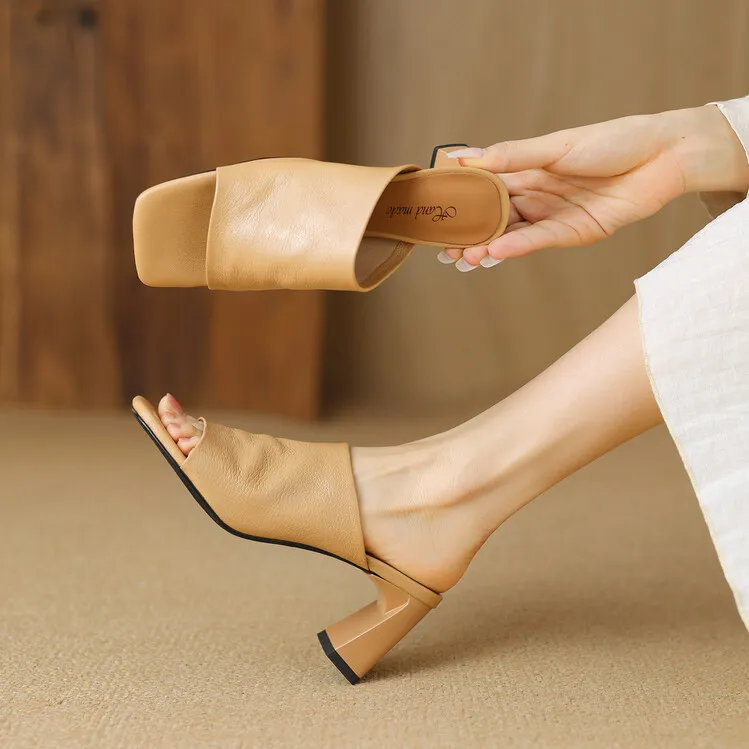 Women's soft lambskin high-heeled slippers, fashionable summer sandals, chunky heel mules, open-toe sandals, size 4-11 - Apricot 34