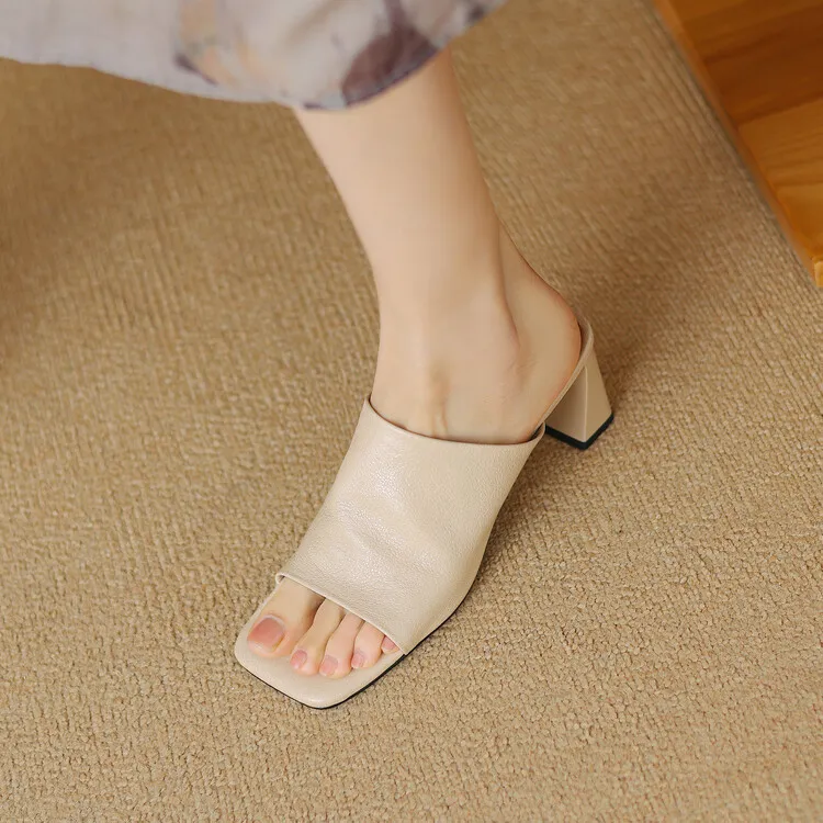 Women's soft lambskin high-heeled slippers, fashionable summer sandals, chunky heel mules, open-toe sandals, size 4-11 - White 34