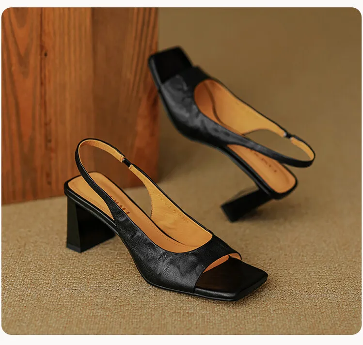 French retro square-toe strappy peep-toe sandals for women, chunky heels, soft leather, open toe, backless high heels for summer. - Black 33