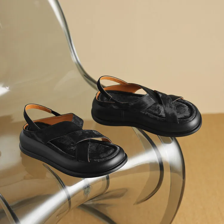 Summer fashionable casual platform sandals, French style, Chinese style silk cowhide open-toe women's shoes - Black 33