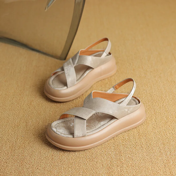 Summer fashionable casual platform sandals, French style, Chinese style silk cowhide open-toe women's shoes - Apricot 33