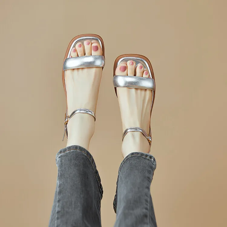 Handmade cowhide silver summer sandals, low heel, flat, square toe, open toe, simple and elegant sandals, size 4-20L - Silver 34