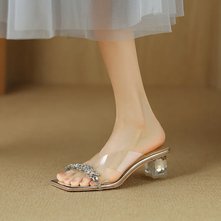 Summer rhinestone chunky heel square toe open-toe crystal sandals, mid-high heeled slippers for women. - Silver 4cm low heel Size 34