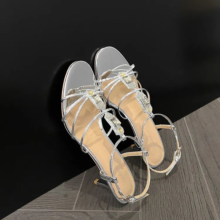 Women's leather high-heeled sandals, summer open-back, silver chunky heel shoes, 4-24k - Silver 34