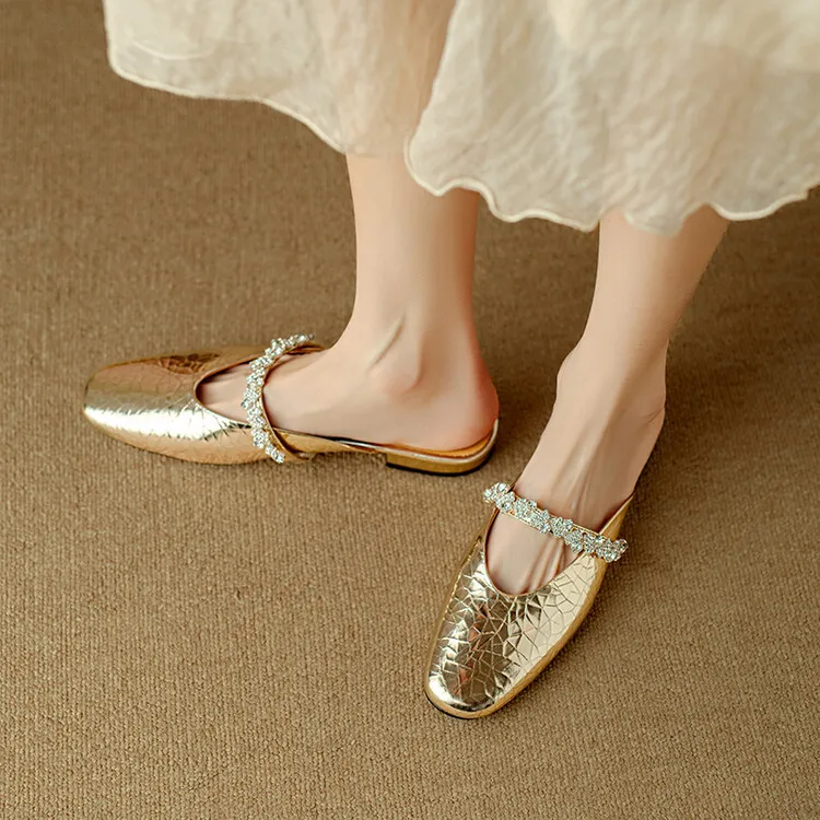 Summer women's slip-on sandals with rhinestones, silver flat leather sole, size 4-24u. - Gold 34