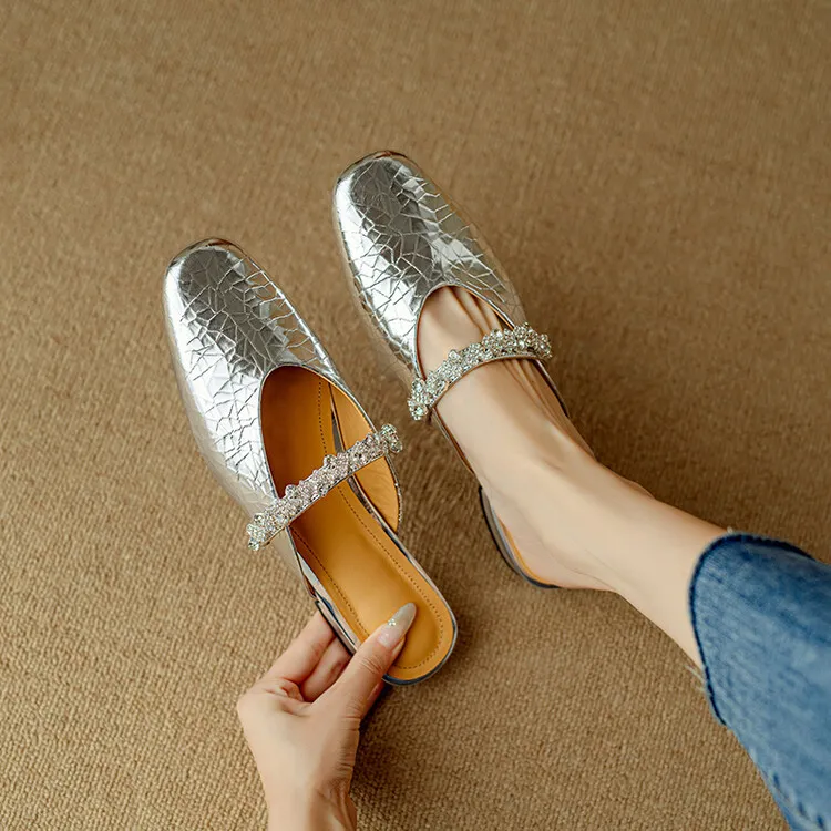 Summer women's slip-on sandals with rhinestones, silver flat leather sole, size 4-24u. - Silver 34