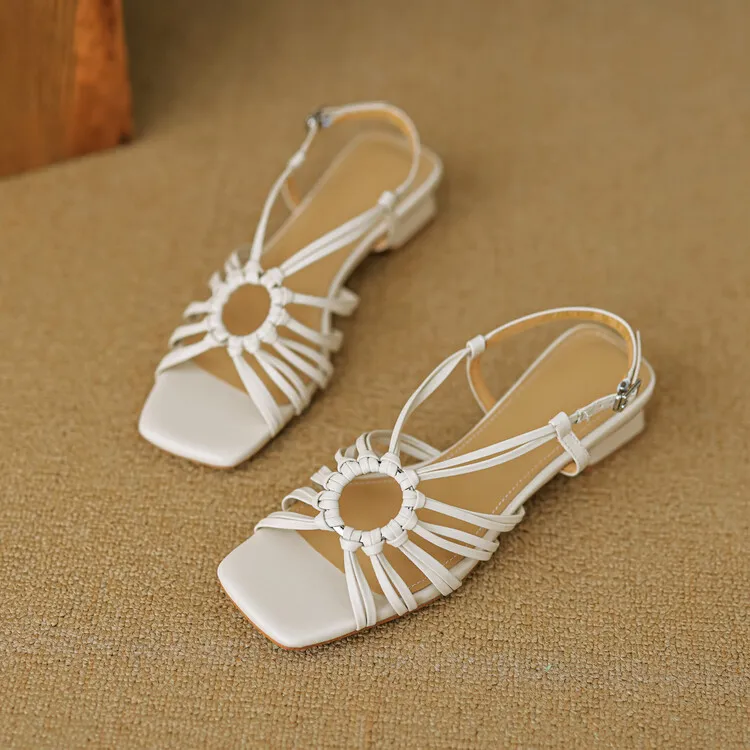 French retro style woven openwork square toe sandals, exclusive single strap chunky heel low heel sandals 5-4i fashion - Off-white 33