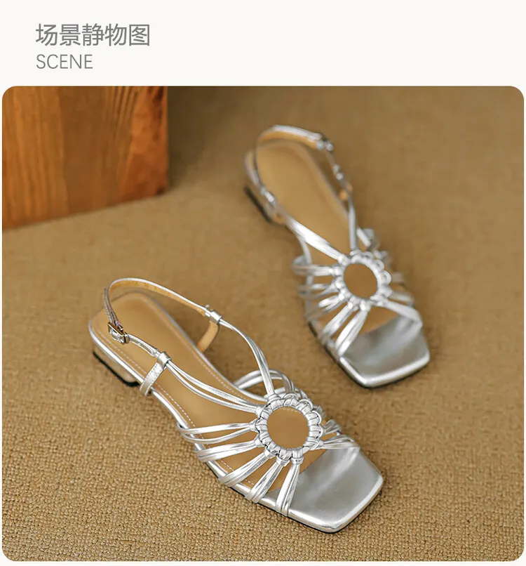 French retro style woven openwork square toe sandals, exclusive single strap chunky heel low heel sandals 5-4i fashion - Silver 33