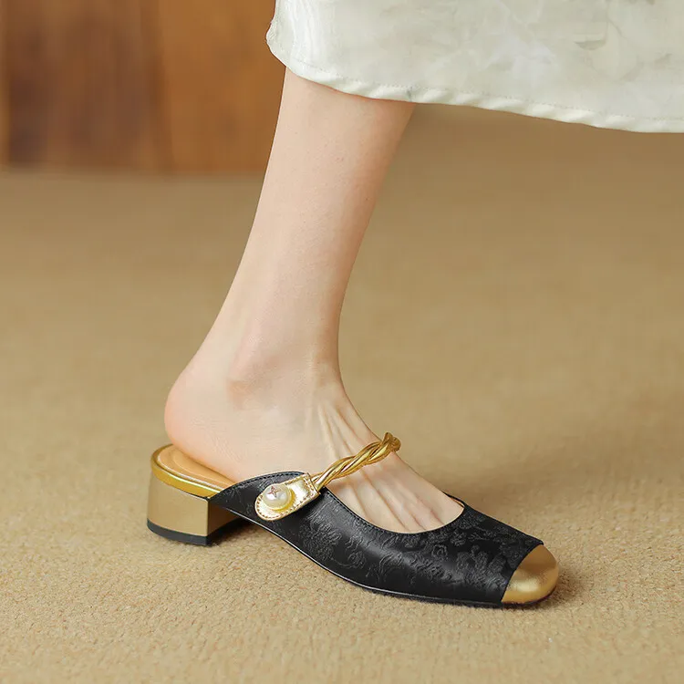 Women's summer square-toe color-blocked slippers, chunky heel, mid-low heel, closed toe, fashionable sandals, 3.5cm. - Black Gold 34