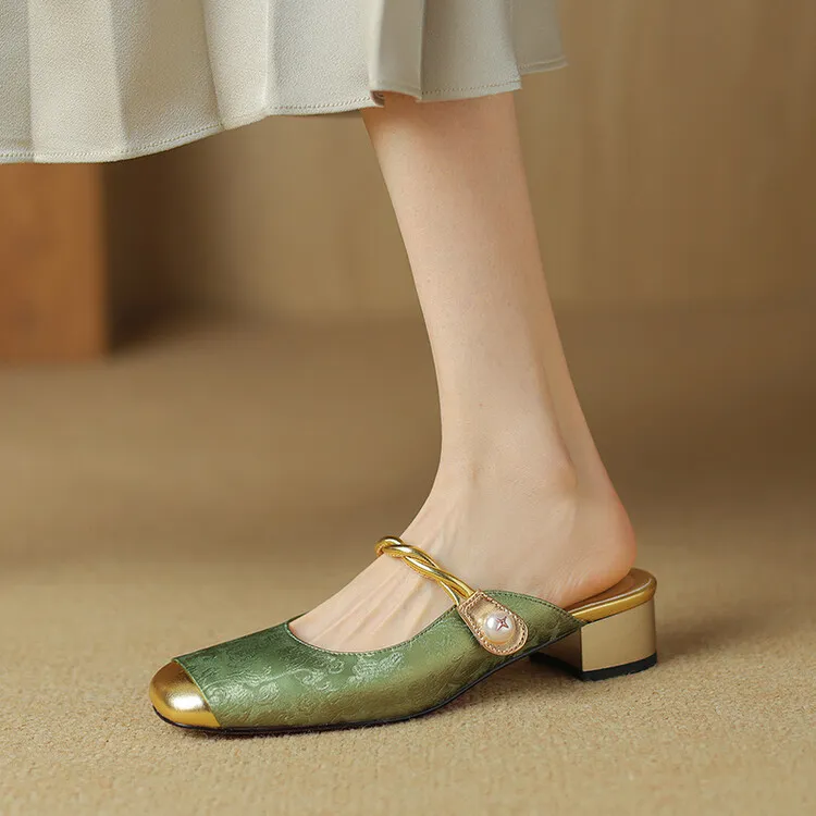Women's summer square-toe color-blocked slippers, chunky heel, mid-low heel, closed toe, fashionable sandals, 3.5cm. - Green Gold 34