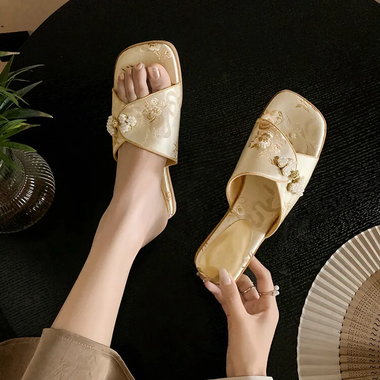 New Chinese style open-toe slip-on women's shoes with satin upper, perfect for summer wear, 5-10g - Golden yellow 34