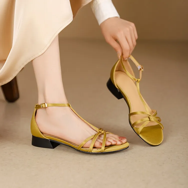 Summer French Roman style silver T-strap peep-toe flat vacation style women's shoes 5-10m - Turmeric yellow 34