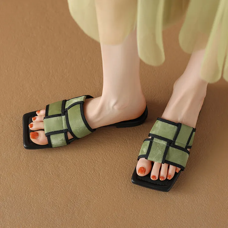 Women's plaid woven open-toe sandals, summer outdoor wear, flat sandals, size 5-10 - Green 34