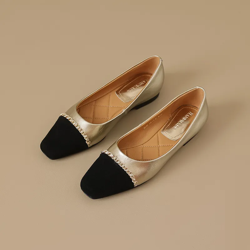 High-volume selling style, elegant flat women's shoes for spring and autumn, soft-soled, stylish, chain-link, color-blocked, Chanel-style single shoes. - Fashion - Gold 34