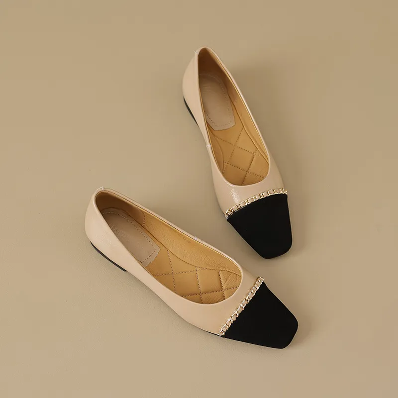 High-volume selling style, elegant flat women's shoes for spring and autumn, soft-soled, stylish, chain-link, color-blocked, Chanel-style single shoes. - Elegant - Apricot 34