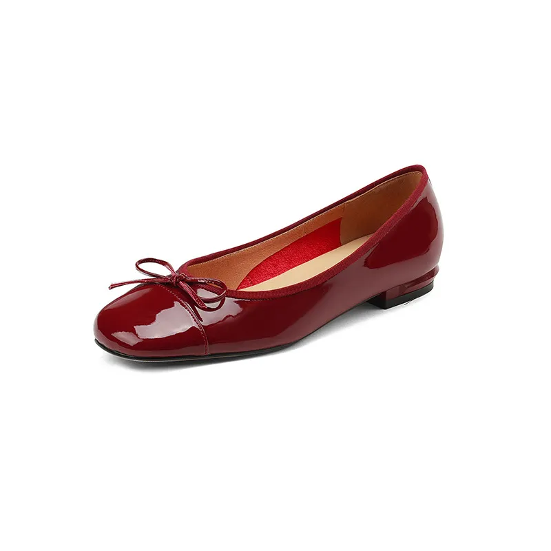 Spring and Autumn Square Toe Low Mouth Solid Color Bow Single Shoes 33-42 Plus Size Red Patent Leather Granny Shoes - Red 34