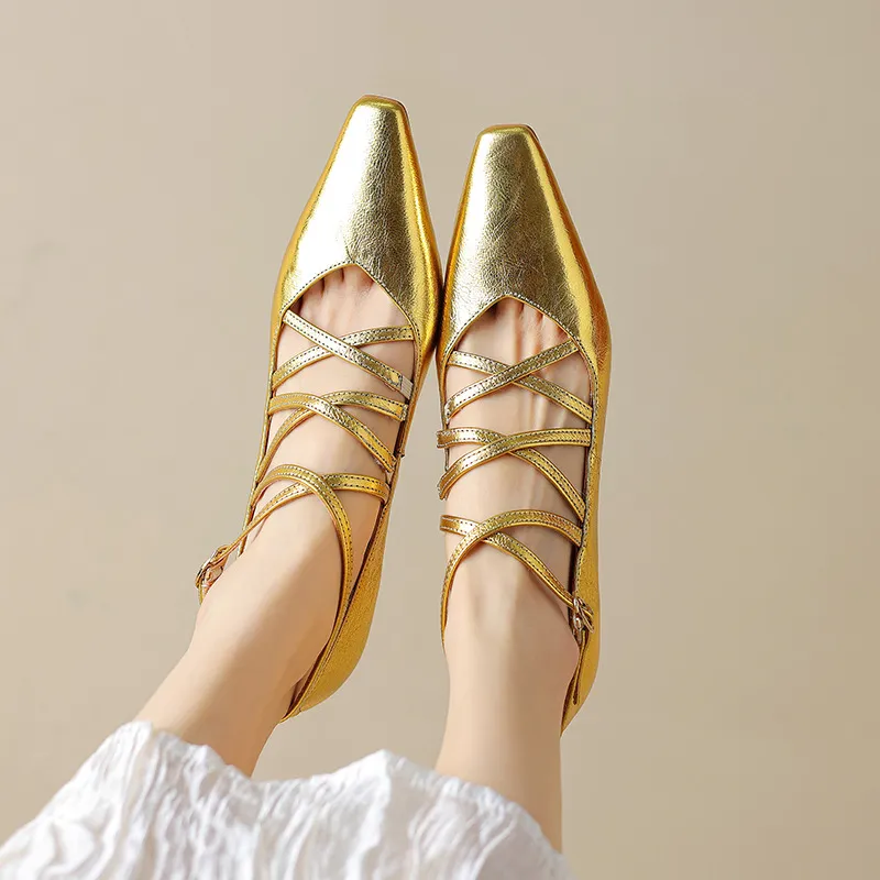 Autumn square-toe cross strap buckle single shoes, French retro hand-scratched sheepskin Mary Jane kitten heel women's shoes - Gold 34