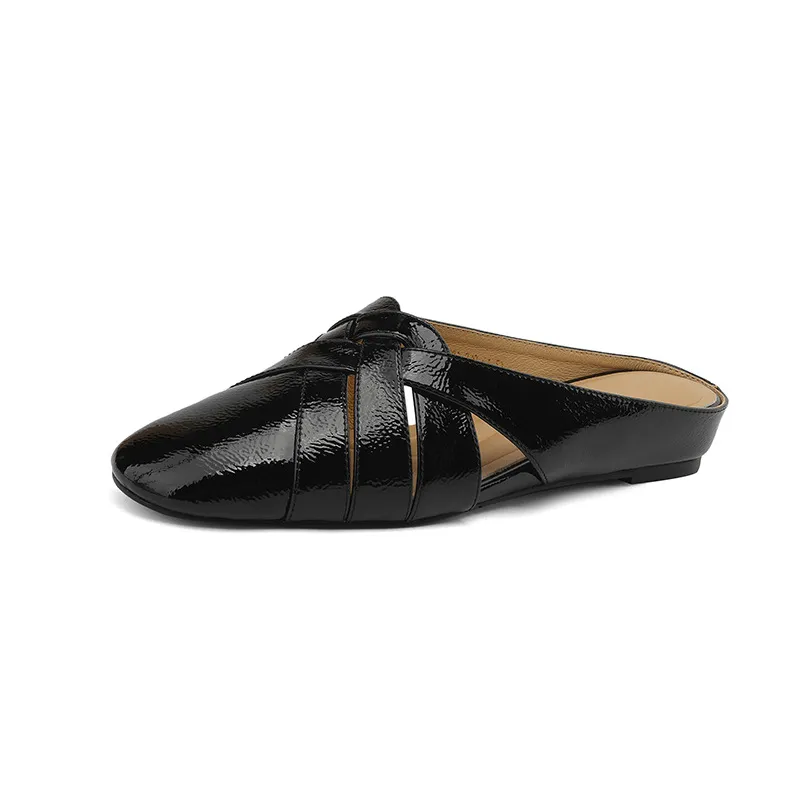 Summer handmade women's leather slippers, low heel, Korean style, round toe, closed toe, half slippers, suitable for wearing outside. - Black 34