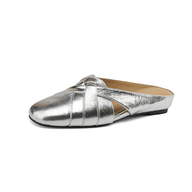 Summer handmade women's leather slippers, low heel, Korean style, round toe, closed toe, half slippers, suitable for wearing outside. - Silver 34