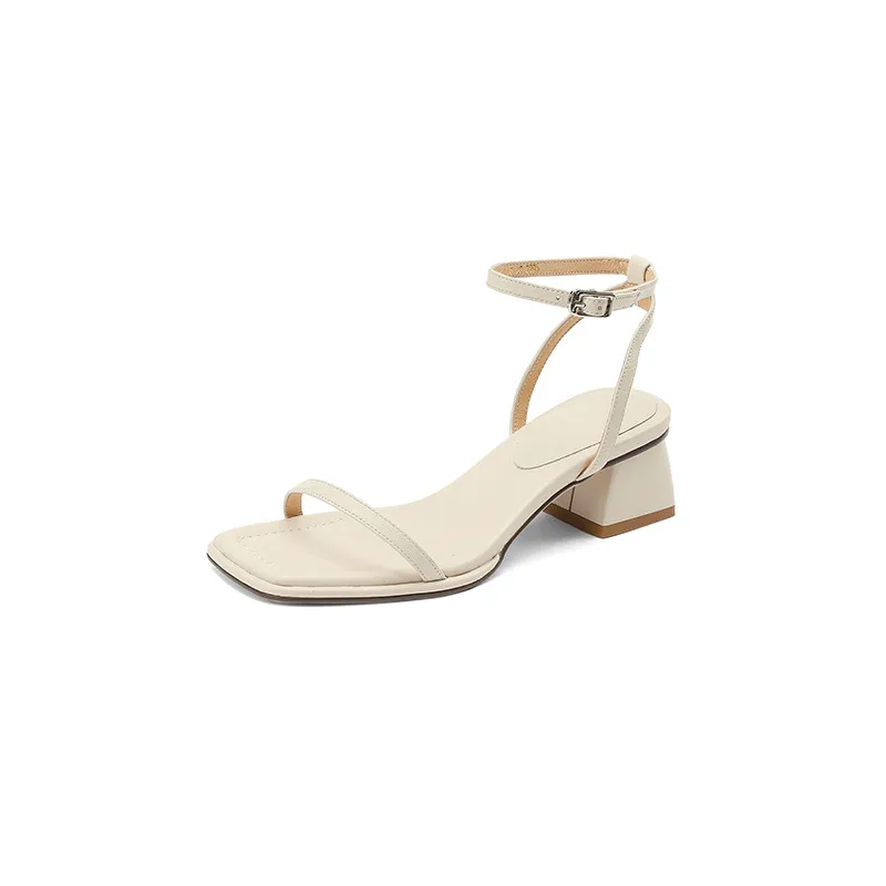 Chunky heeled square-toe sandals for summer, simple design, ankle strap, open toe, made of cowhide. - Off-white 33
