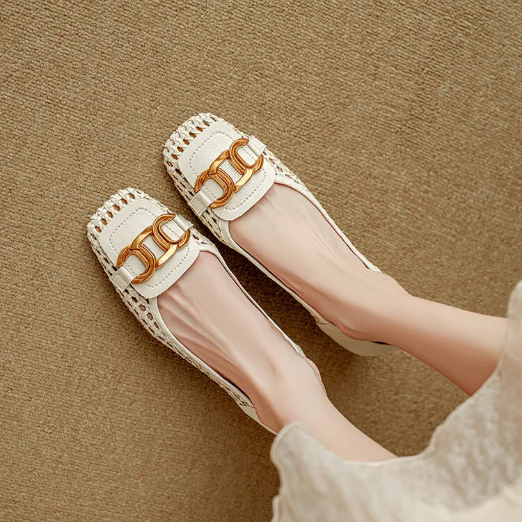 Summer breathable metal buckle hollow woven shallow mouth women's French cowhide fashion sandals 6-18b - Off-white 34