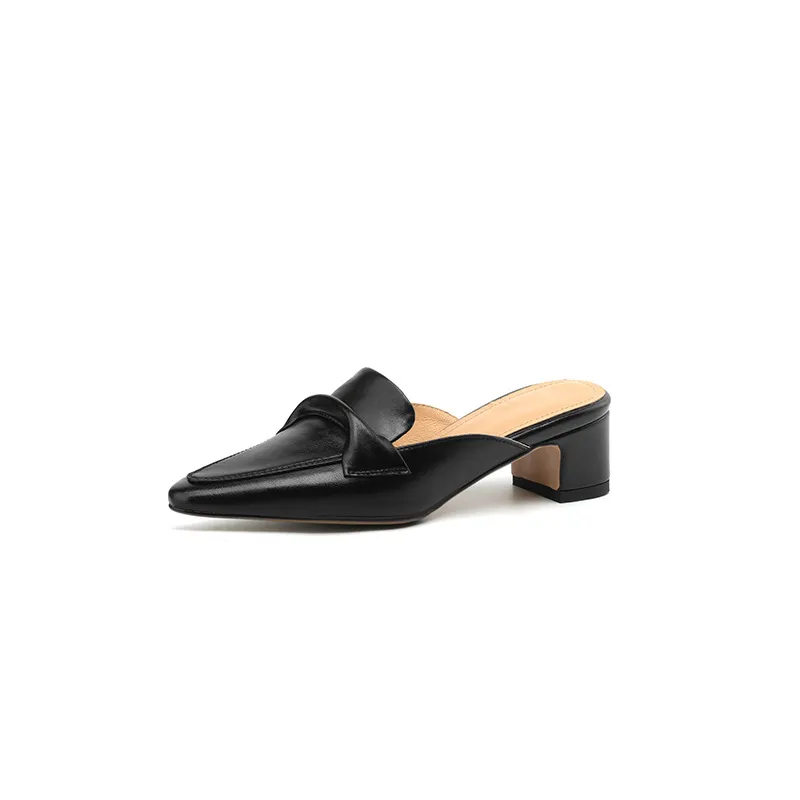 Sizes 34-39, 40, 41, 42, 43: Plus-size closed-toe backless sandals, chunky heel, mid-heel, pointed toe sandals. - Black 34
