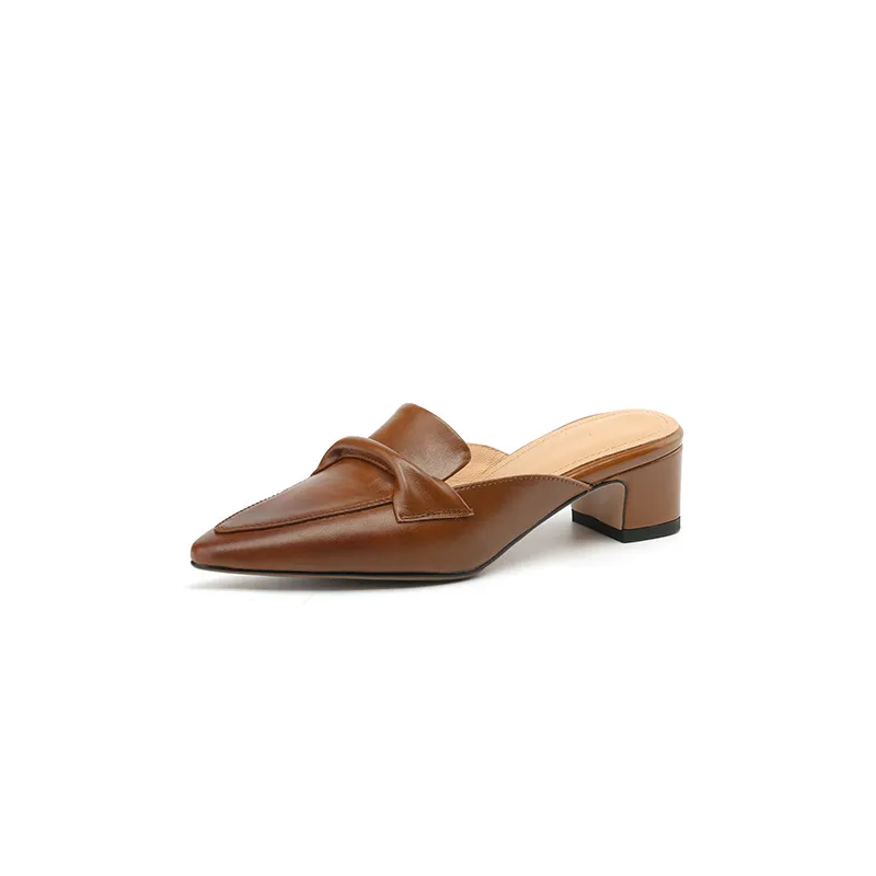 Sizes 34-39, 40, 41, 42, 43: Plus-size closed-toe backless sandals, chunky heel, mid-heel, pointed toe sandals. - Brown 34