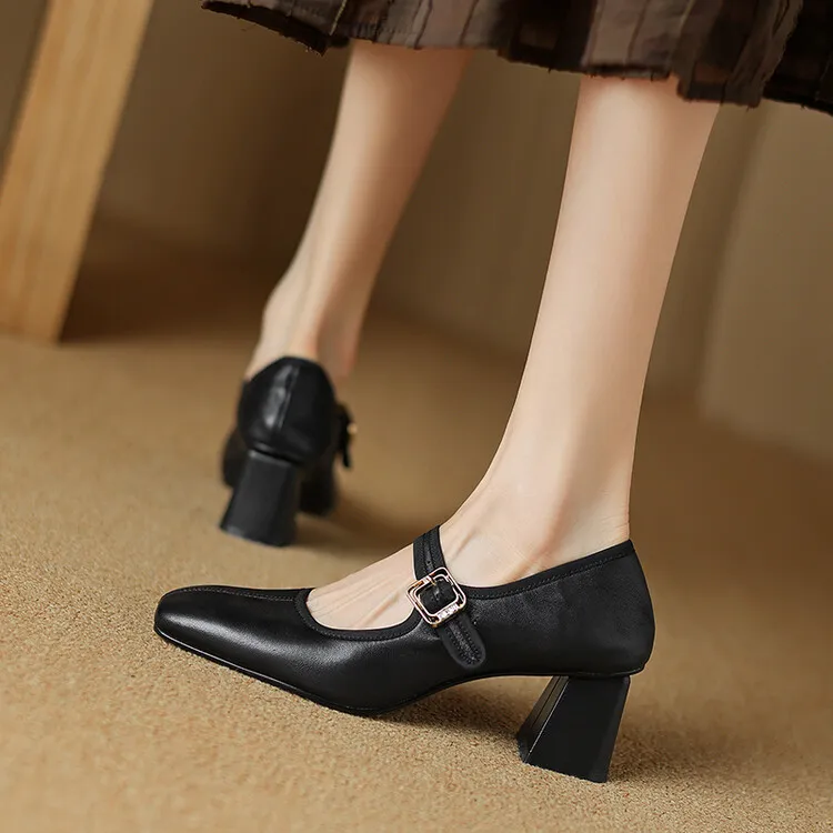 Autumn/Winter Square Toe Mary Jane Shoes with One Buckle, Black and Red Retro French Style Leather Shoes, Chunky Heel, 7-9F - Black 34