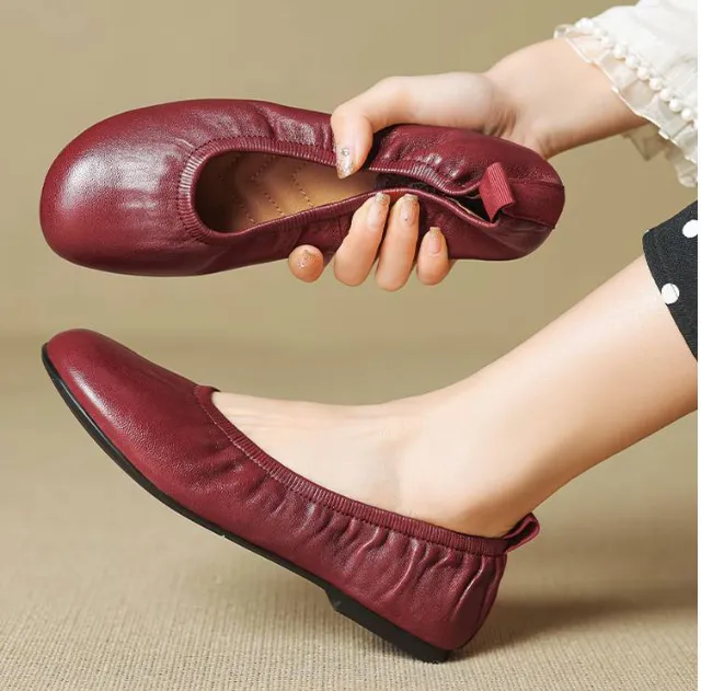 Soft sheepskin leather ballet flats with rubber soles, Mary Jane shoes, plus size women's shoes - Red 34