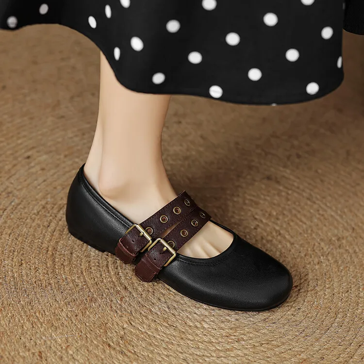 Women's Spring and Autumn Shallow-Mouth Ballet Flats with Straps, Mary Jane Leather, Round Toe, Flat Shoes, 7-9t - Black 34