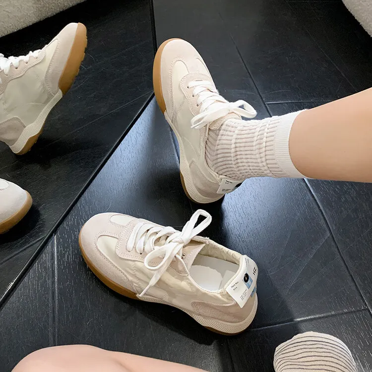 Gummy candy-colored autumn casual sneakers with hidden heel lift, round toe, color blocking, lace-up, women's shoes, 7-22f - Beige 35
