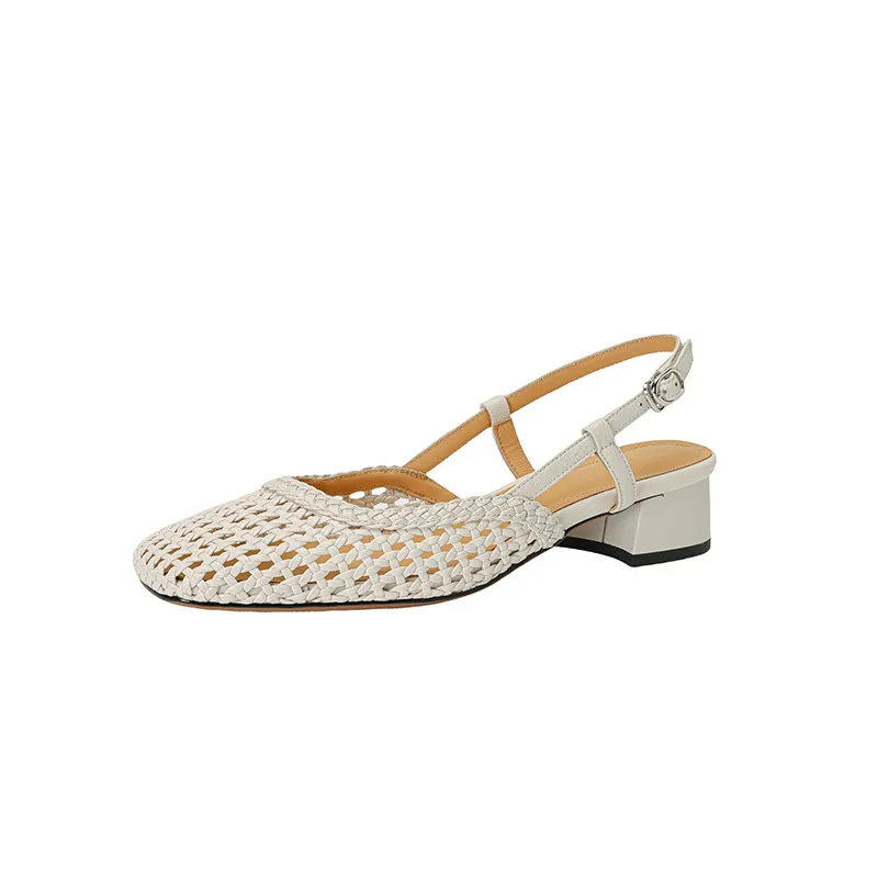 Summer fashionable chunky heel open back woven mesh women's shoes, stylish breathable hollow-out closed toe sandals - Off-white 34