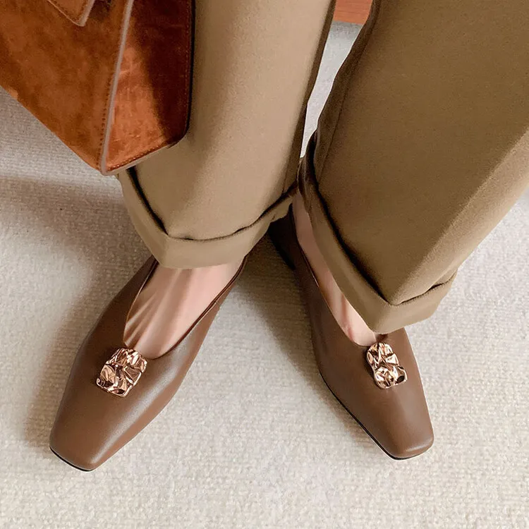 French-style leather low-heeled flat shoes, autumn and winter slip-on shoes, 8-7J - Brown 34
