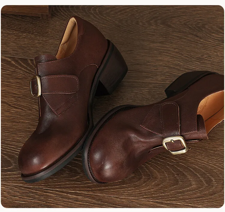 Fashionable and luxurious washed horse leather women's shoes, autumn and winter trendy round toe chunky heel belt buckle fashion shoes 10-4 - Brown 34
