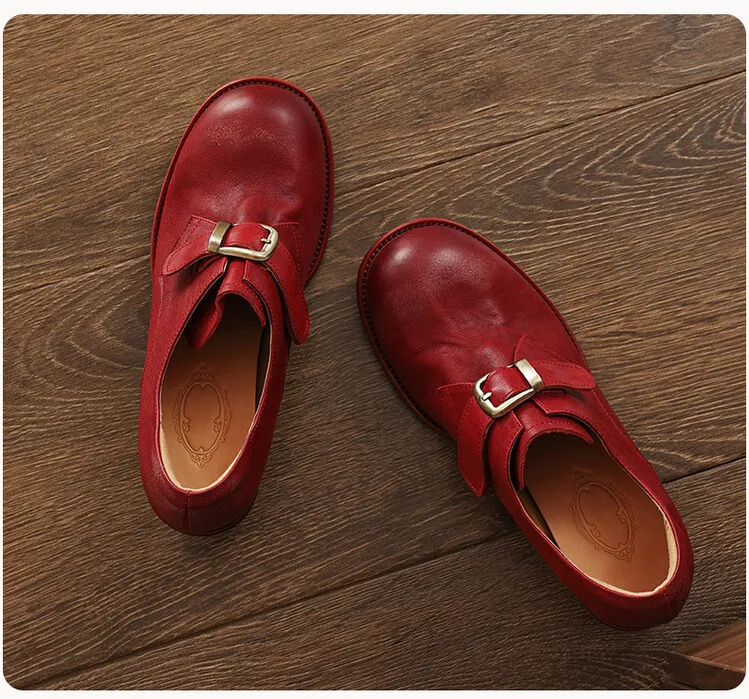 Fashionable and luxurious washed horse leather women's shoes, autumn and winter trendy round toe chunky heel belt buckle fashion shoes 10-4 - Anchor Red 34