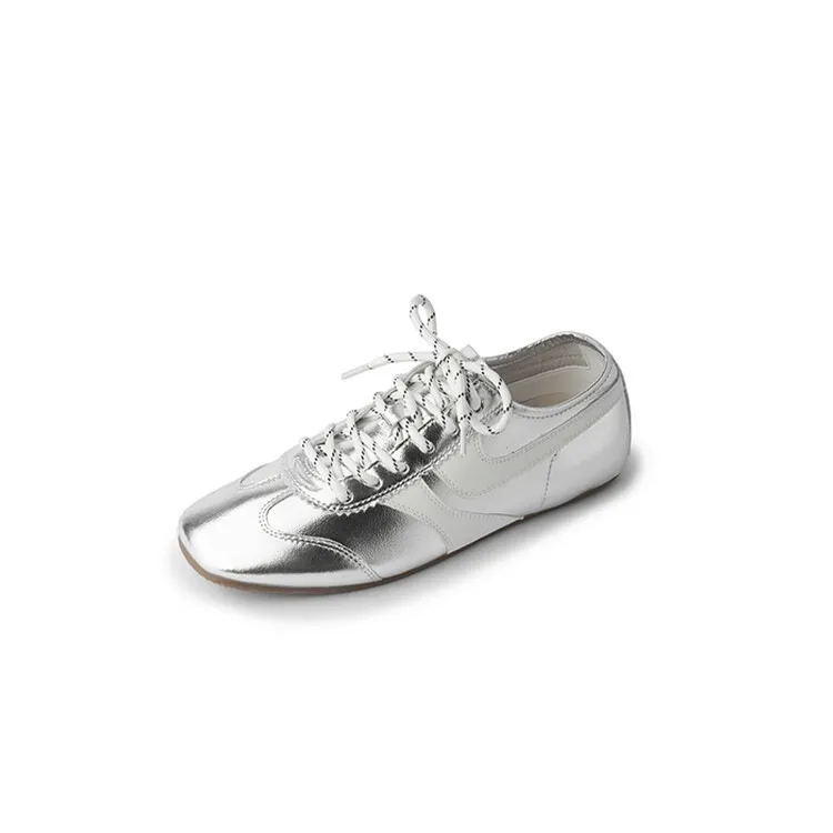 Agan shoes, women's popular retro green lace-up German training shoes, comfortable suede flat sneakers. - Silver 35