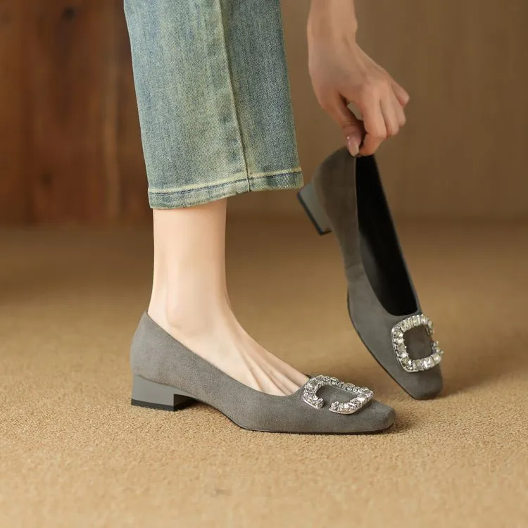 Spring Chunky Heel Mid-Heel Square Toe Low-Cut Slip-on Women's Shoes with Rhinestone Square Buckle 12-20c - Gray 34