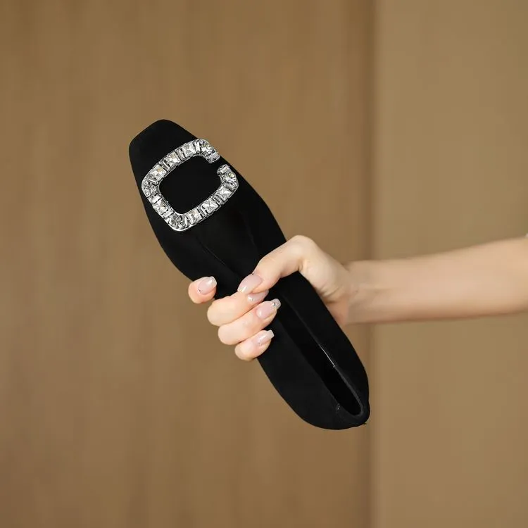 Spring Chunky Heel Mid-Heel Square Toe Low-Cut Slip-on Women's Shoes with Rhinestone Square Buckle 12-20c - Black 34