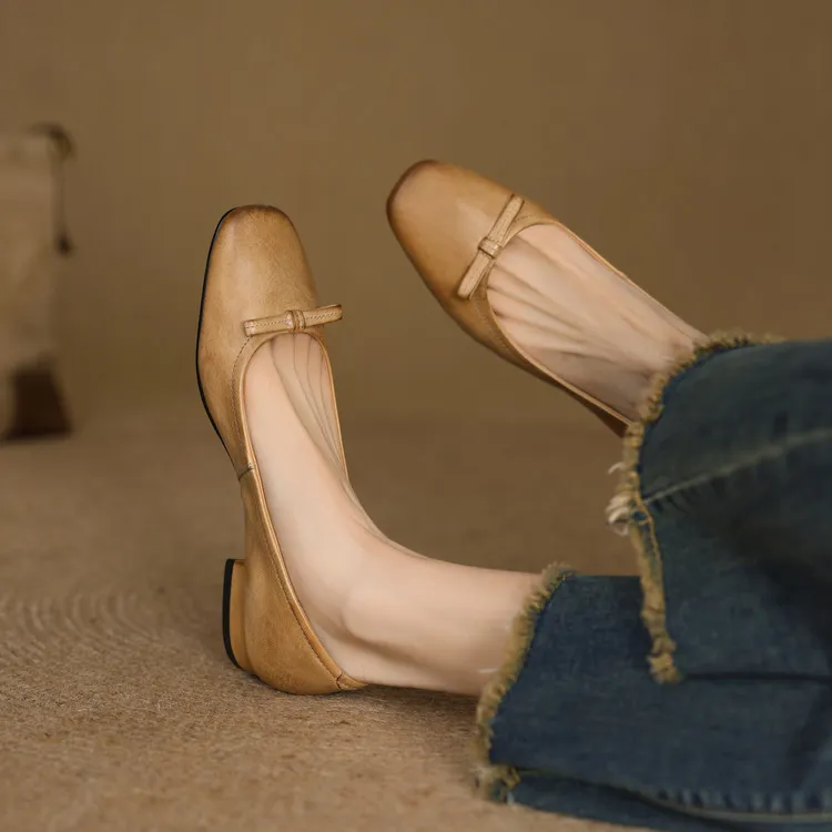 Spring low-heeled chunky heel square toe bow single shoes, cowhide, black, khaki, red 1-3i - Khaki 34