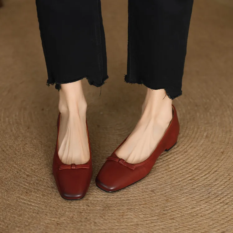 Spring low-heeled chunky heel square toe bow single shoes, cowhide, black, khaki, red 1-3i - Red 34
