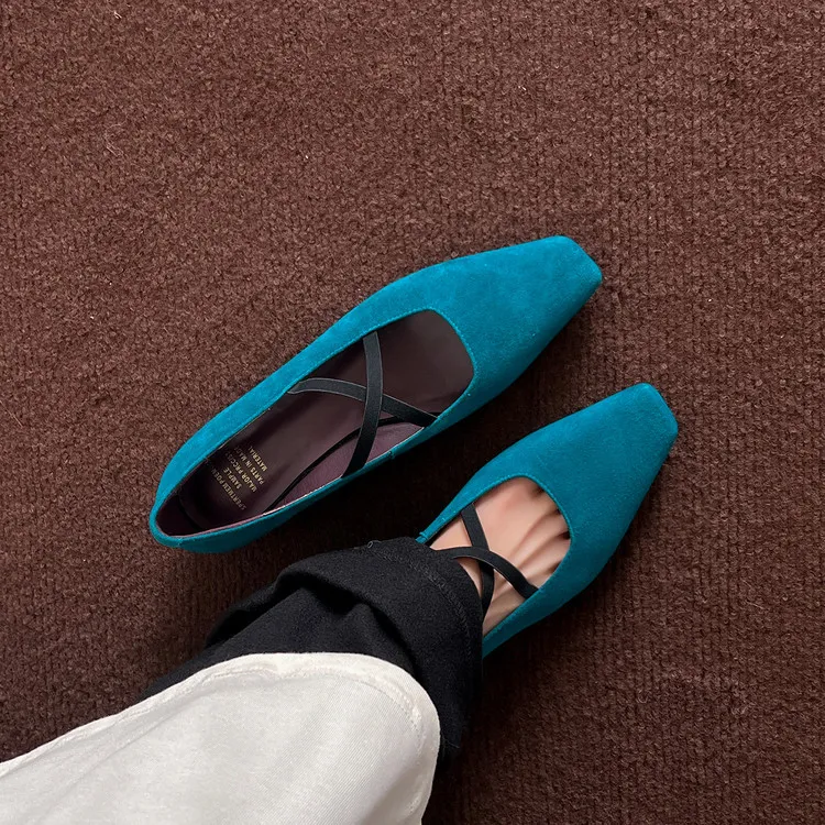 Fashionable Spring Square Toe Flat Low Heel Cross Strap Single Shoes Sheepskin Fashion Solid Color Women's Shoes 1-3p - Blue 34