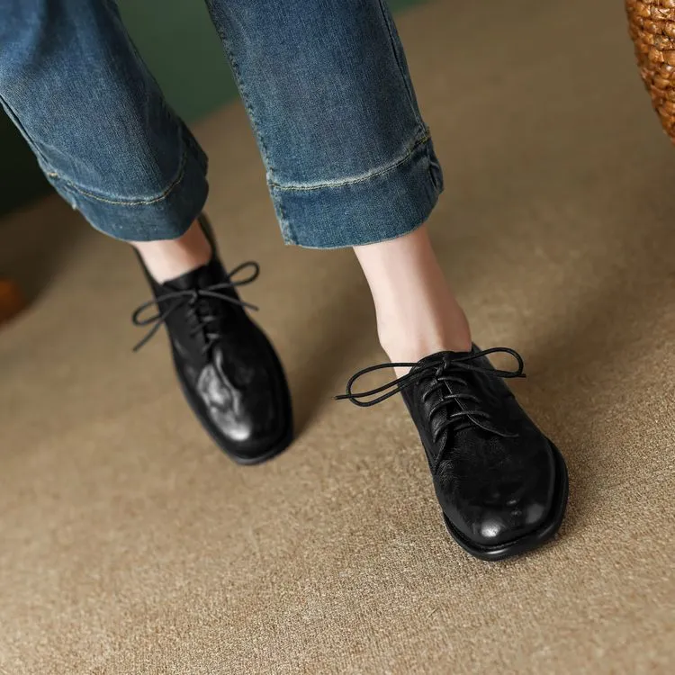 Slip-on lace-up style women's spring chunky heel mid-heel round toe deep-cut cowhide fashion shoes 1-15j - Black lace-up version 34