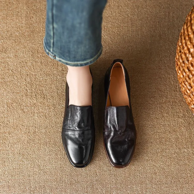 Slip-on lace-up style women's spring chunky heel mid-heel round toe deep-cut cowhide fashion shoes 1-15j - Brown slip-on version 34