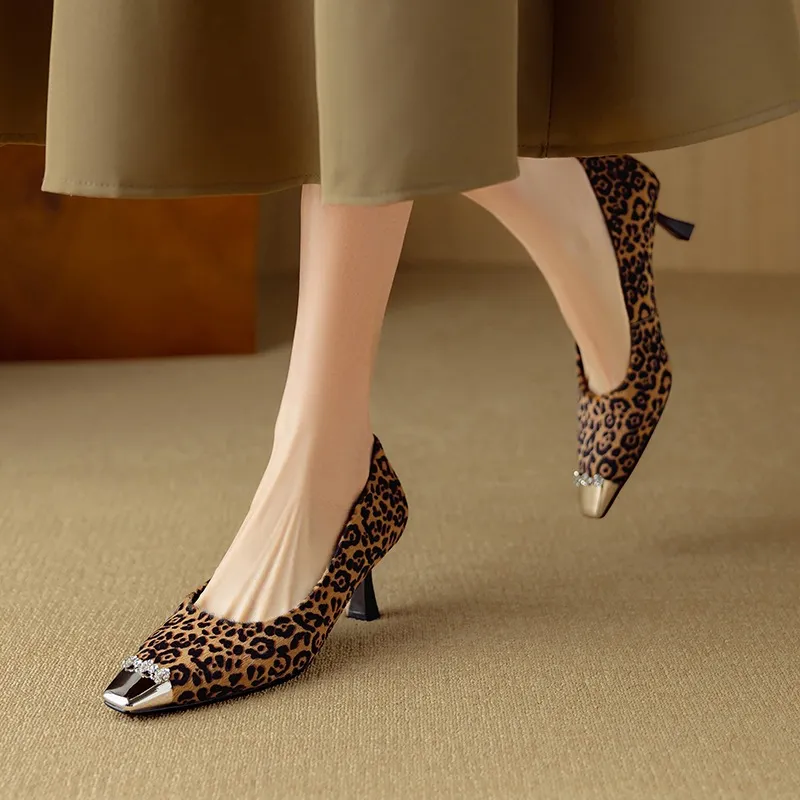 Spring square-toe, low-cut, stiletto heeled women's fashion shoes - Leopard print 34